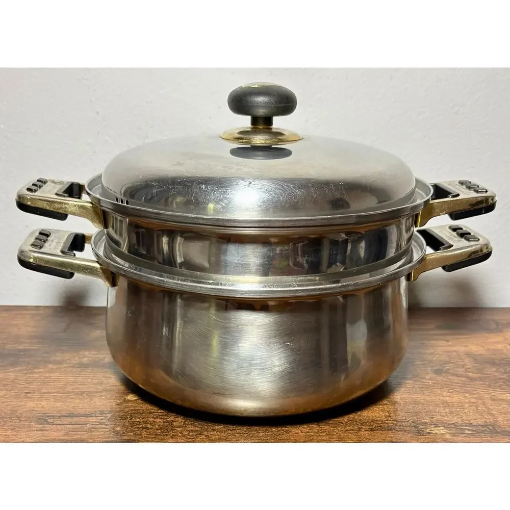 Vintage Sunhak Stainless Steel Lesstopia 3 Piece Steamer & Stock Pot 5 Qts